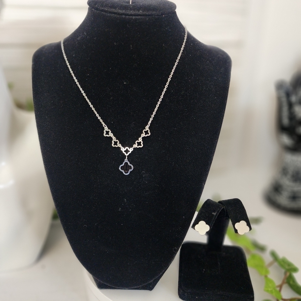 Silver Stainless Steel and Black Quatrefoil Flower Clover Necklace Earring Set